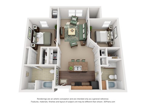 Floor plan for 2 beds, 2 baths, 870 sqft